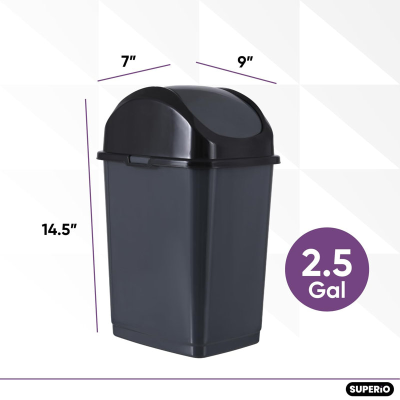 Petite poubelle en plastique 2,5 gallons avec couvercle battant Superio Poubelle portable (gris foncé, 2, Gris foncé