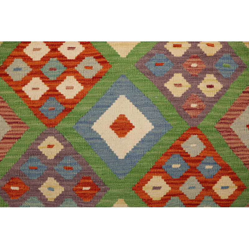 Tapis vert / rouge / beige à motif géométrique en laine tissé à plat 3 pi 4 po x 4 pi 10 po Pauletta