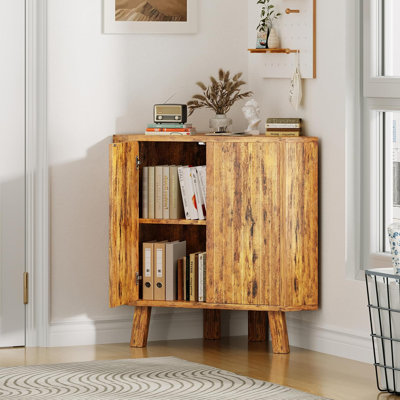 Corner Cabinet with Fluted Door, 3-Tier Farmhouse Storage Shelf with Adjustable Shelf, 31.5'' Space Saving Accent Cabinet for Living Room, Bedroom & Kitchen