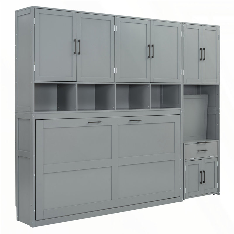 Lit escamotable simple avec placard et tiroirs, Gris
