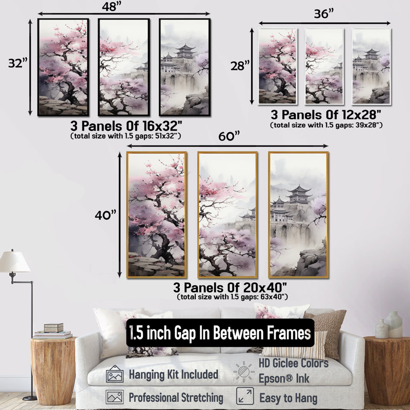 Rose, paysage floral japonais, paysage I - Japon, art mural, H 28 po x l 36 po x P 1 po, Cadre flottant noir