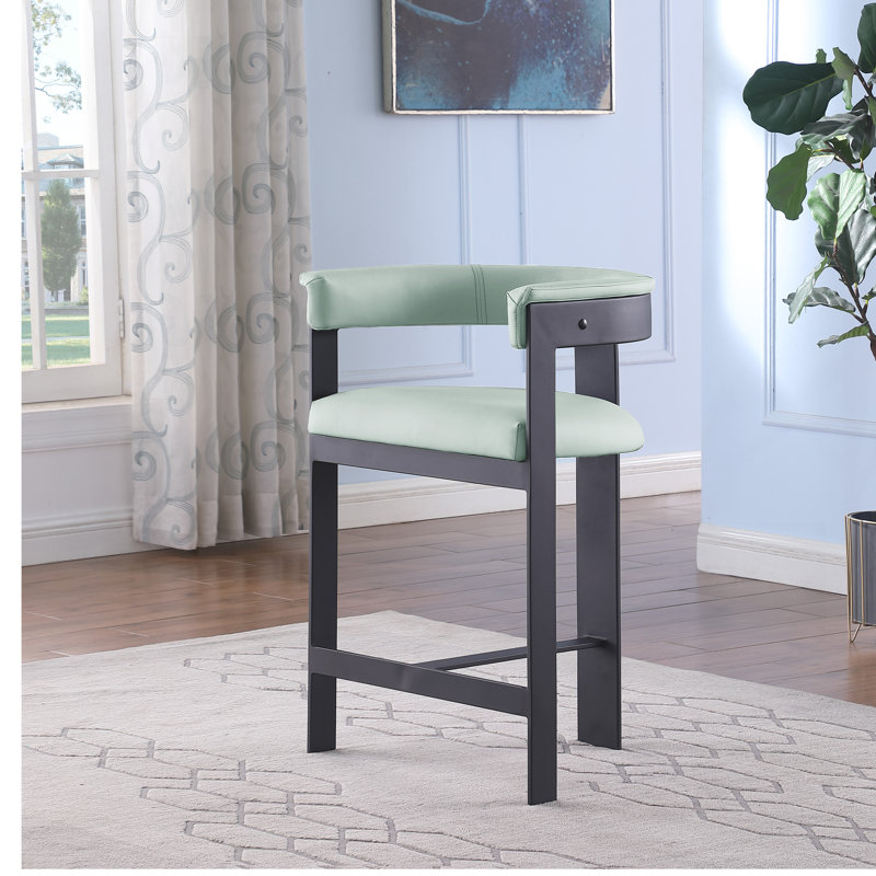 Romeo Hermi Vegan Leather Counter Stool, Mint Green Vegan Leather, Matte Black Powder Coating