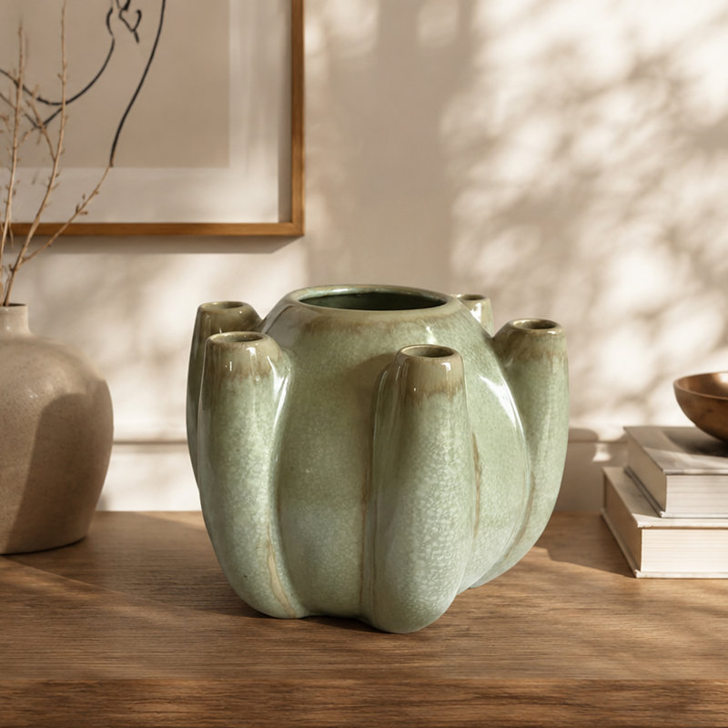 Vase tulipière, texture craquelée, vert sauge et céramique brune 9 pouces