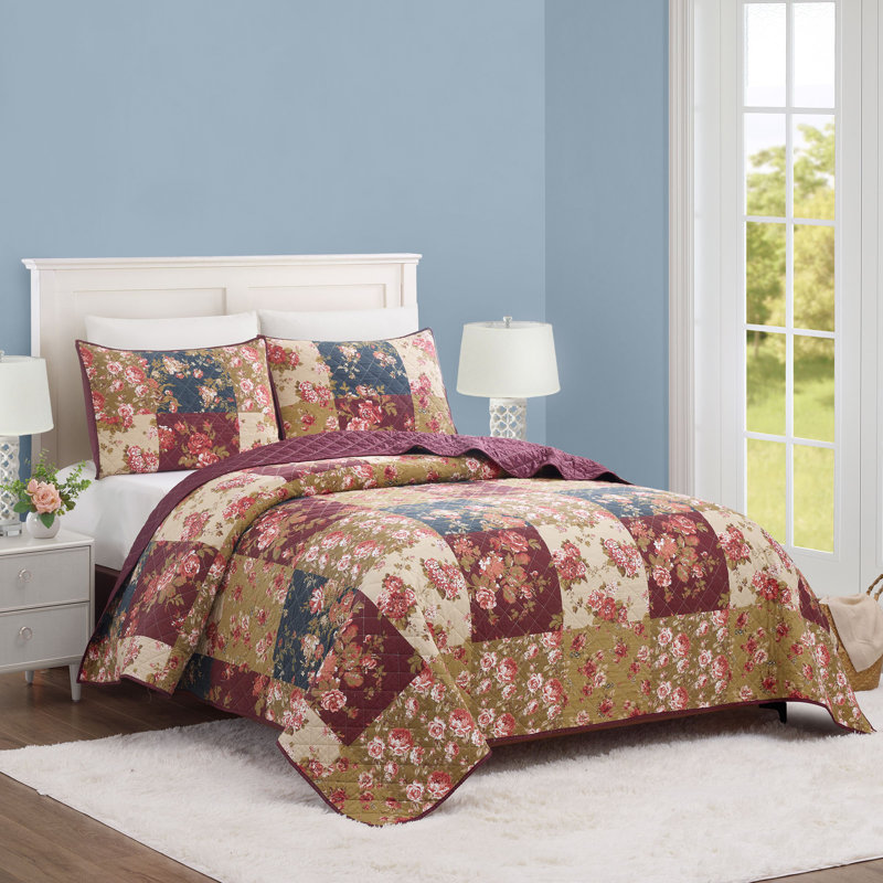 Ensemble de courtepointe à imprimé floral Germaine, Courtepointe pour lit double/grand et 2 taies déc