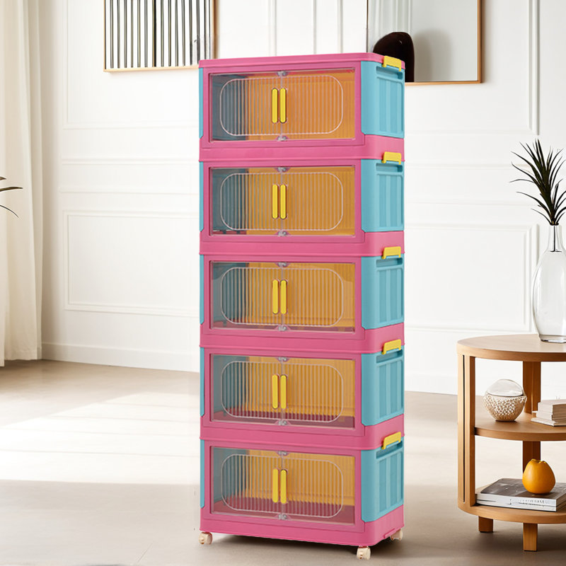 Bacs de rangement empilables et pliables avec couvercles et roulettes, 156, Rose/bleu/jaune
