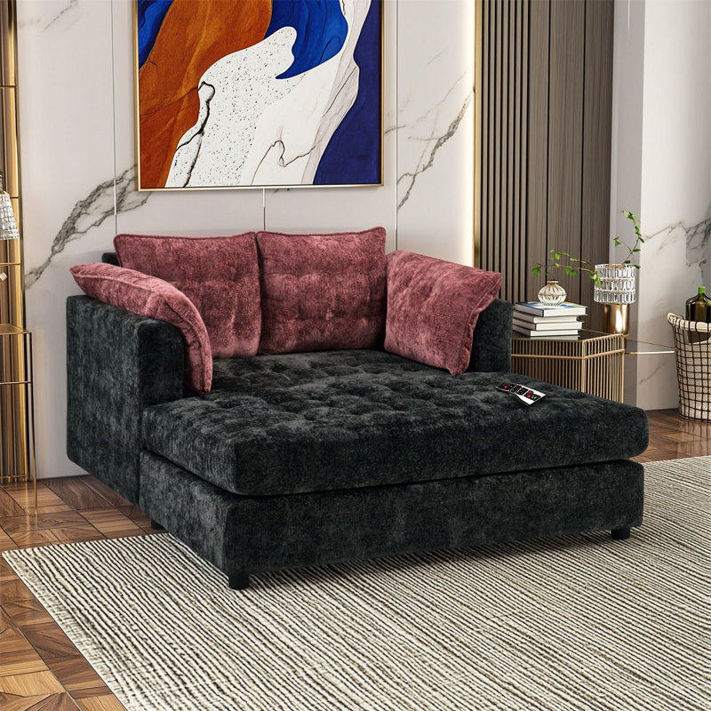 Canapé méridienne 2 places, canapé profond capitonné en chenille avec accoudoirs coussins pour salon, Black Red