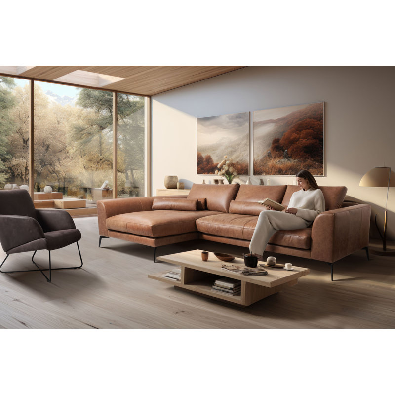 Houston Full Grain Leather Corner Sofa, Light Brown, Left Hand Facing