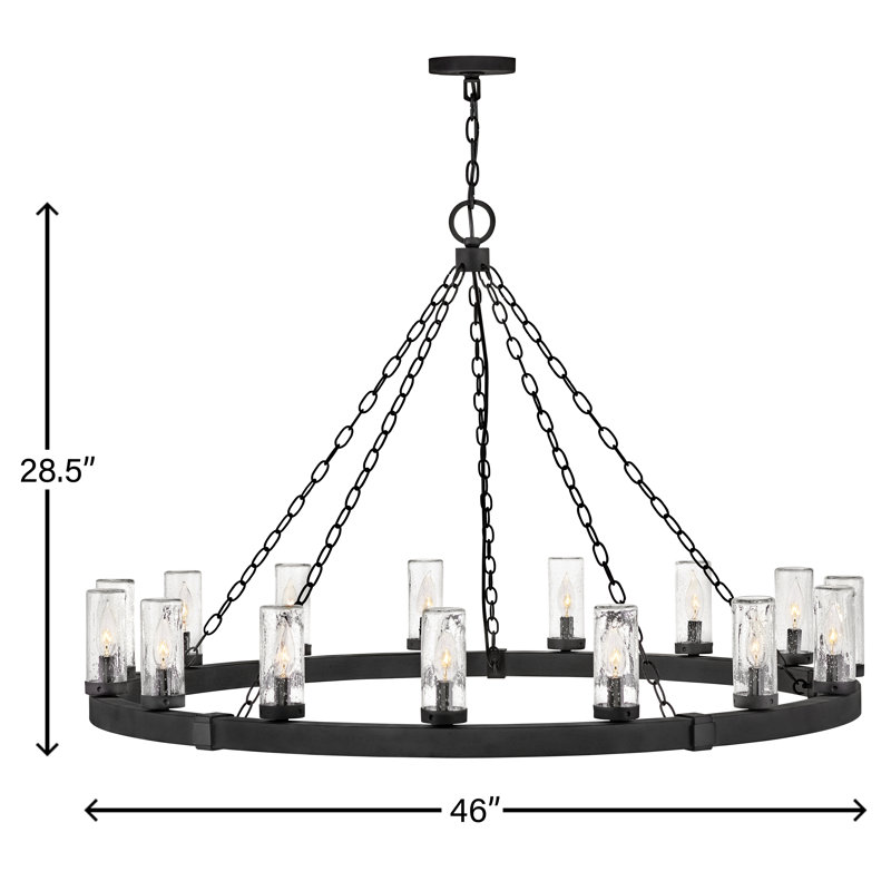 Sawyer 46" Fifteen-Light Outdoor Candle Chandelier w/ Clear Seedy Glass Shades