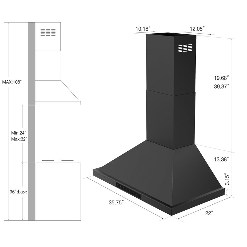 36" 900 CFM Convertible Wall Mount Range Hood with LED Lights & Hands-Free Control, Black