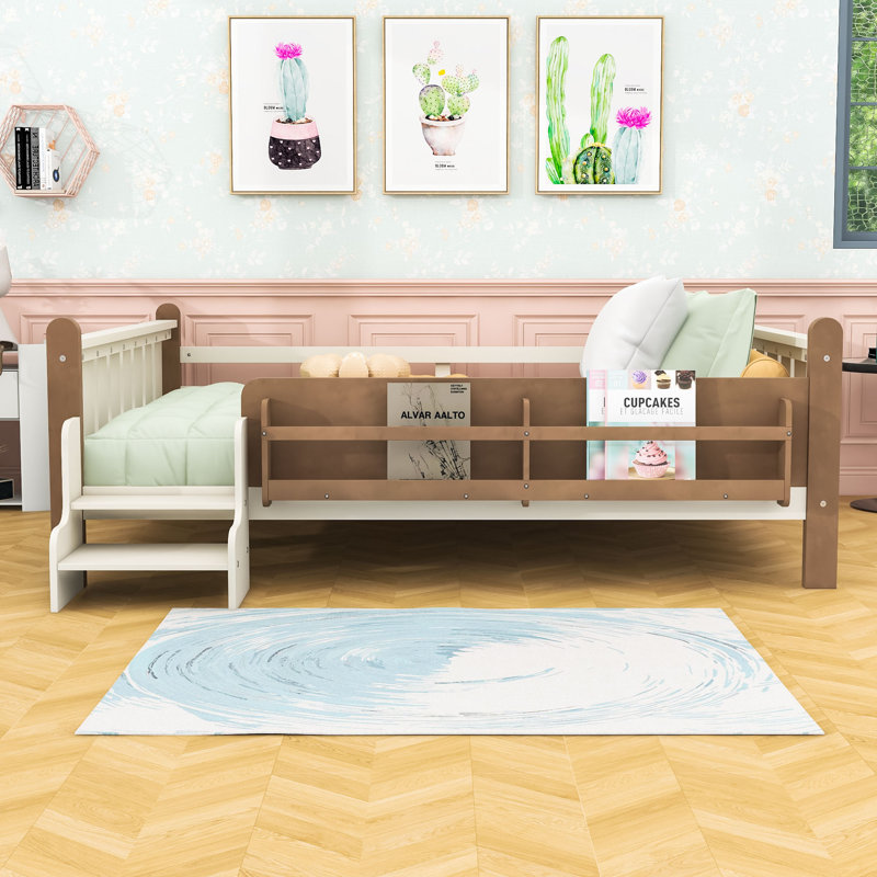 Lit sur pied avec bibliothèques, garde-corps et escaliers de rangement, Beige