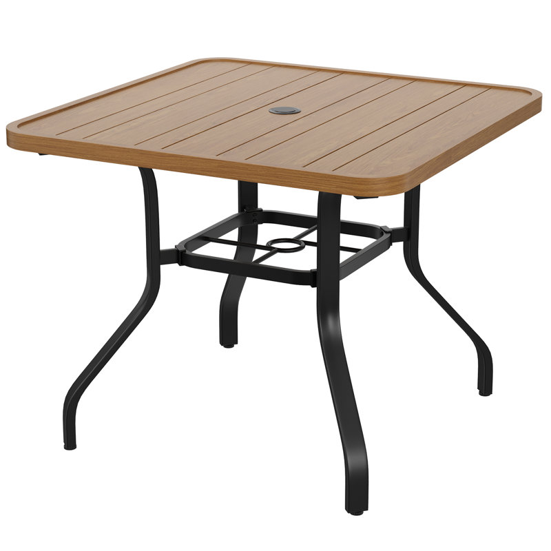 Table de salle à manger d'extérieur avec trou pour parasol de 1,57 pouce, texture semblable au bois, structure en métal toutes saisons