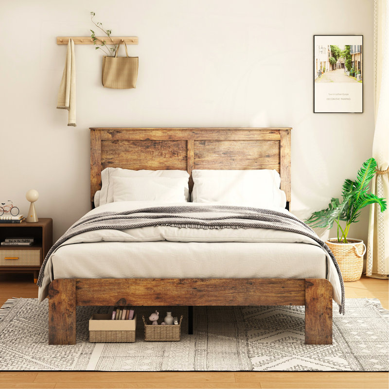 Cadre de lit double, cadre de lit plateforme en bois, silencieux, aucun sommier nécessaire et outil d'assemblage facile, grand rangement sous le lit, brun foncé