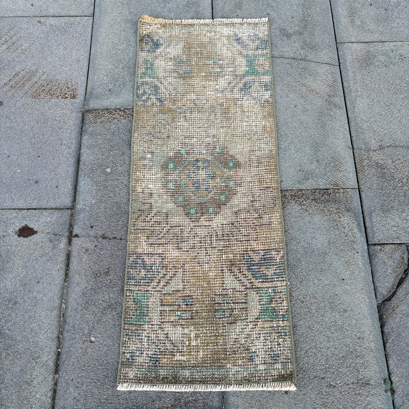 Vintage Turkish Runner Rug with Distressed Look, Neutral Tones and Geometric Designs for Entryway