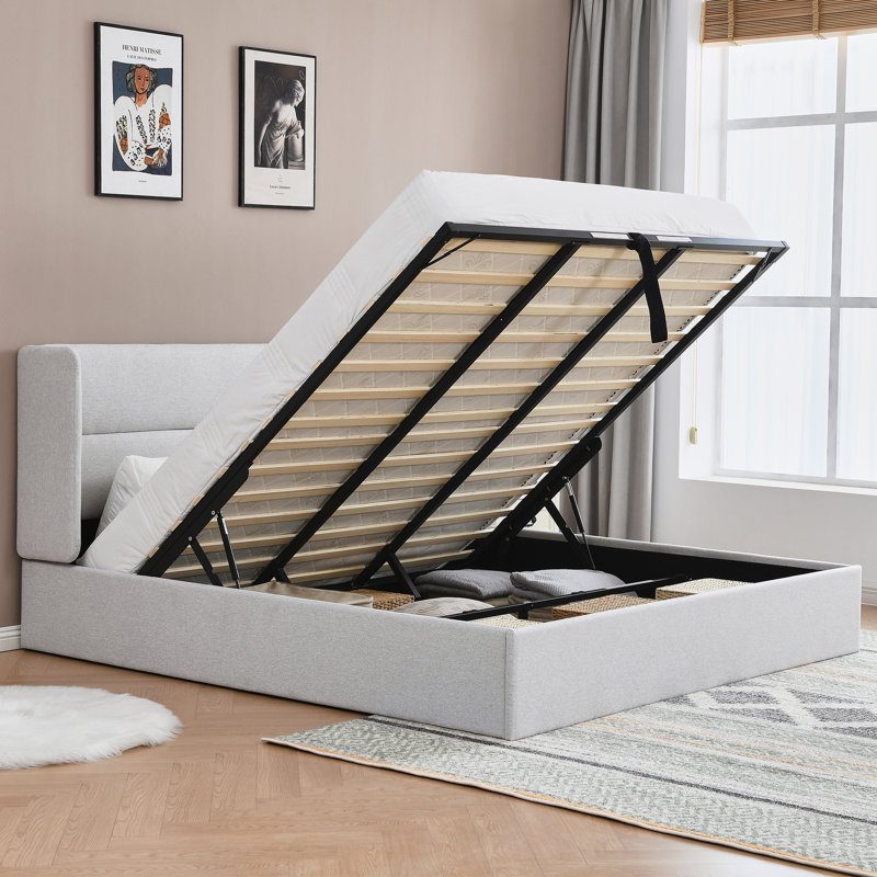 Lit plateforme tapissier avec rangement Gaillarde, Très grand, Blanc grisâtre