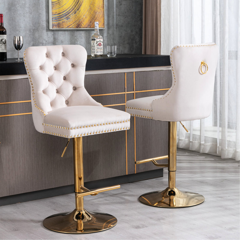 Tabourets de bar modernes en velours beige - hauteur réglable de 27 à 35 pouces, dossier pour une apparence charmante, pivotant doré épais de 2 po pour la maison et le pub, hauteur confortable