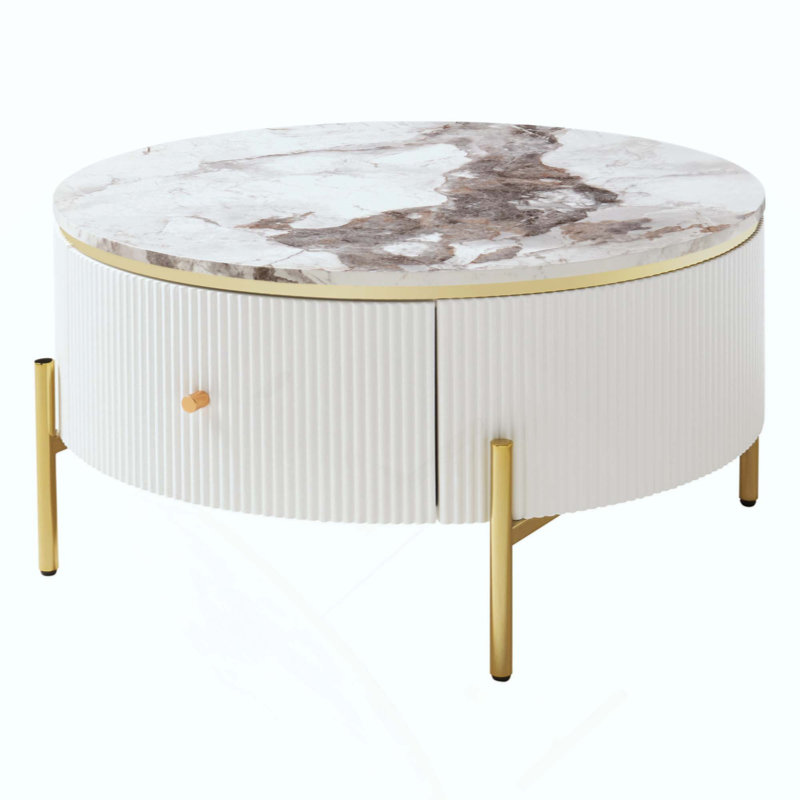 Modern Round Coffee Table With 2 Large Drawers Storage Accent Table