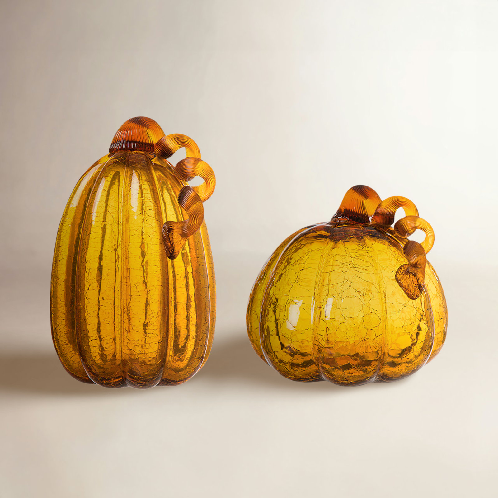 2 Piece Crackle Glass Pumpkin Set, 6.69" H x 7.48" W x 7.87" D, Yellow