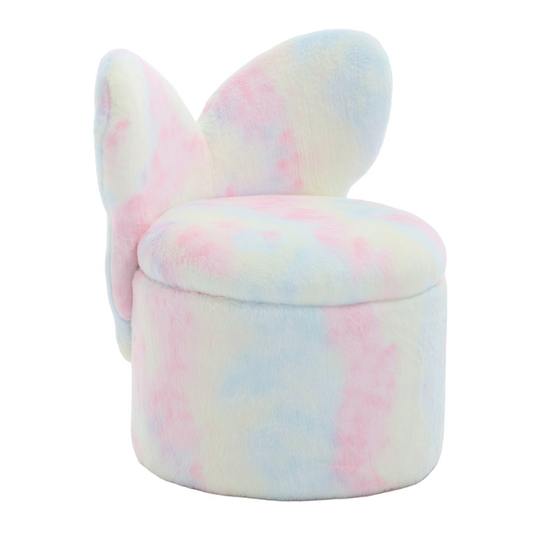 Adorable Butterfly Back Storage Stool - Kids' Round Ottoman With Lid For Girls' Playroom, Pink Rainbow