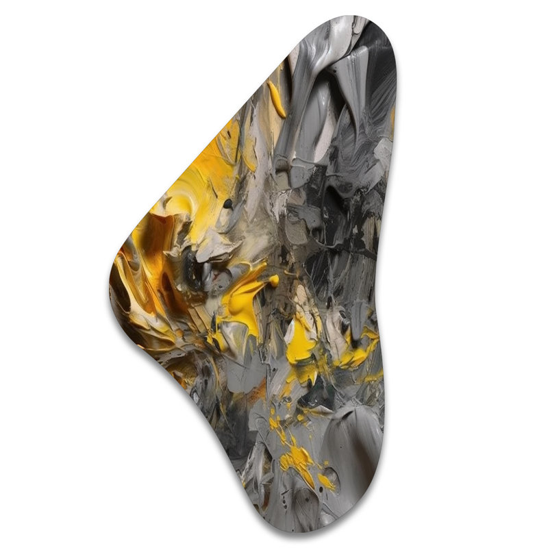 Moutarde jaune et gris vif - art mural asymétrique en forme de Boomerang abstrait, H 39 po x l 21 po