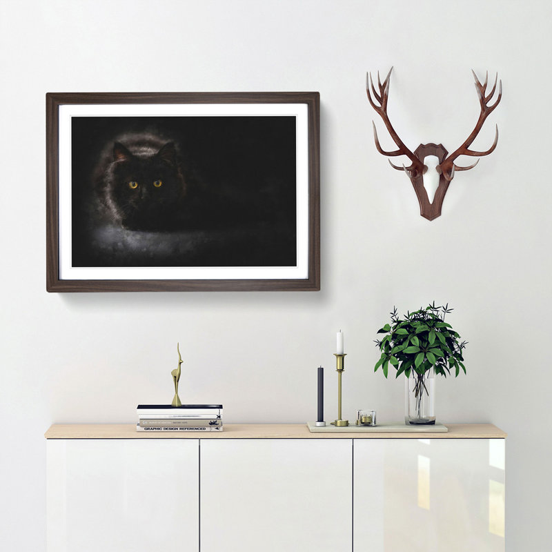 Black Cat with Yellow Eyes - Picture Frame Painting Print, 62cm H x 87cm W x 2cm D, Walnut Framed