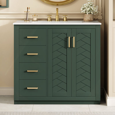 Ensemble de meuble-lavabo 36 po avec lavabo en céramique, armoire de rangement en bois massif, ensemble de meuble-lavabo autoportant avec 3 tiroirs et portes à fermeture douce