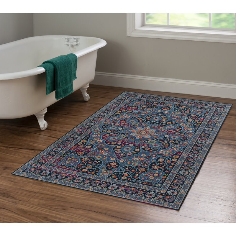 Emanuel Traditional Machine Woven Flatweave Blue and Raspberry Area Rug with Non Skid Backing , Rectangle 3'3" x 5'3"