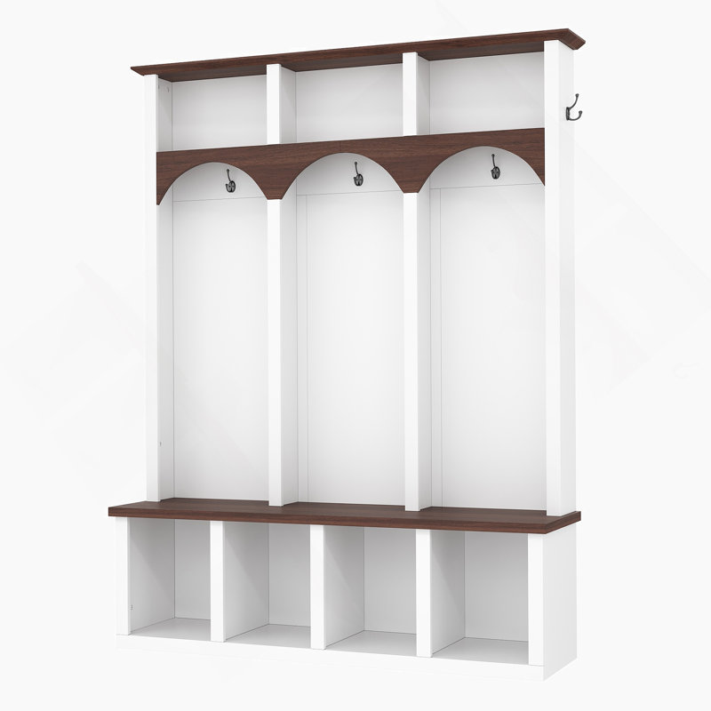 Wooden Hall Tree, Entryway Storage Bench With 5 Hooks And 7 Cubbies For Mudroom, Living Room, White