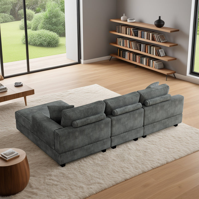 Canapé modulaire en forme de L de 103 po avec méridienne et coussins 3 pièces, Velours côtelé gris