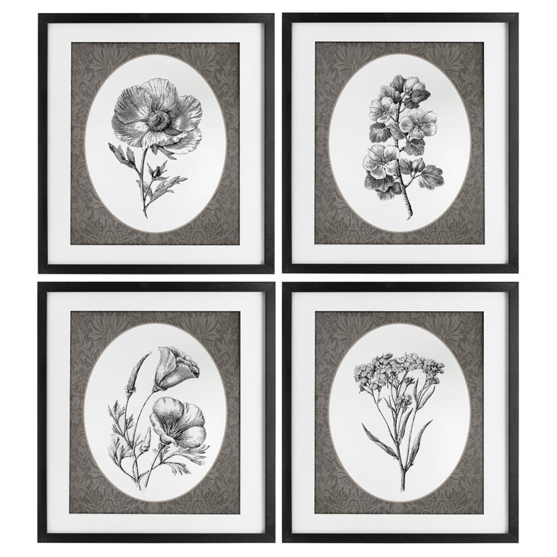 «Ornate Blooms over Damask», ensemble de 4 reproductions encadrées sous verre, H 16 po x l 13 po, Cadre noir minuit