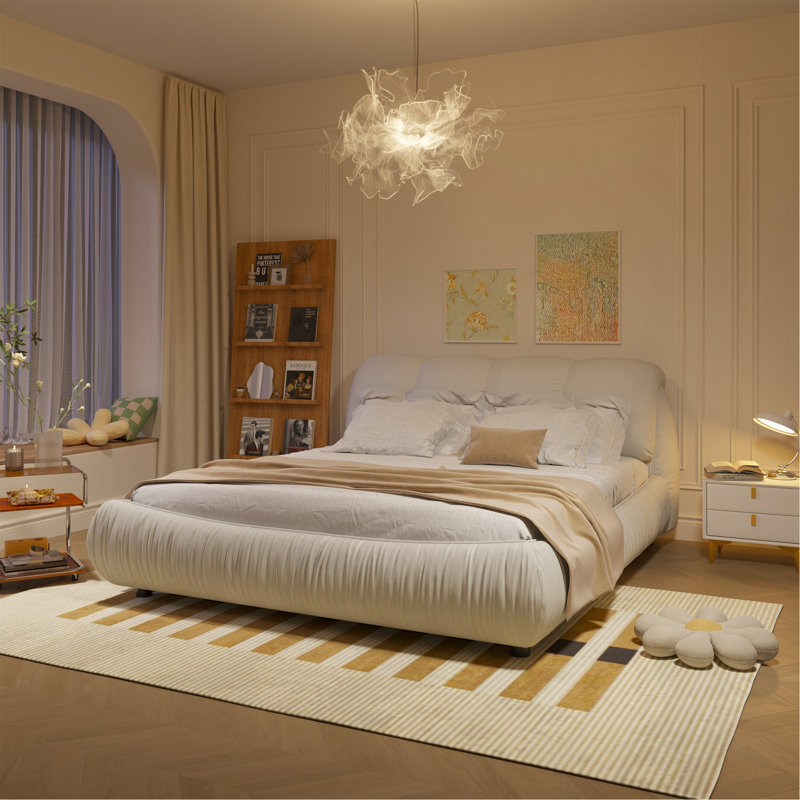 Grand lit plateforme tapissier de luxe avec dossier surdimensionné et structure en bois massif, convient à plusieurs hauteurs de matelas, beige