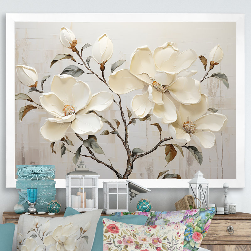 Fleur de magnolia beige et vert - art mural Magnolias, H 24 po x l 32 po x P 1 po, Cadre simple blanc