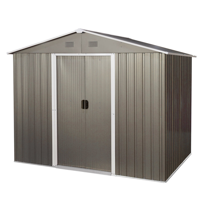 Coffee 8ft X 6ft Outdoor Shed. Galvanized Iron Construction, Painted Panels, Integrated Punched Vents. Sliding Door With Padlock. Easy To Install. Protected Metal Strong Build, Coating, Vents For
