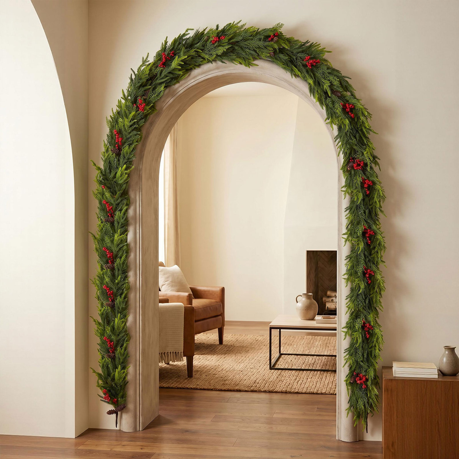 Christmas Garland with Pinecones and Red Berries, 9'