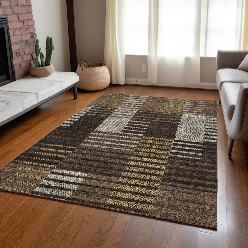 Tapis noir / brun / beige en polyester tissé à la machine Aleid, Rectangle de 10 pi x 14 pi