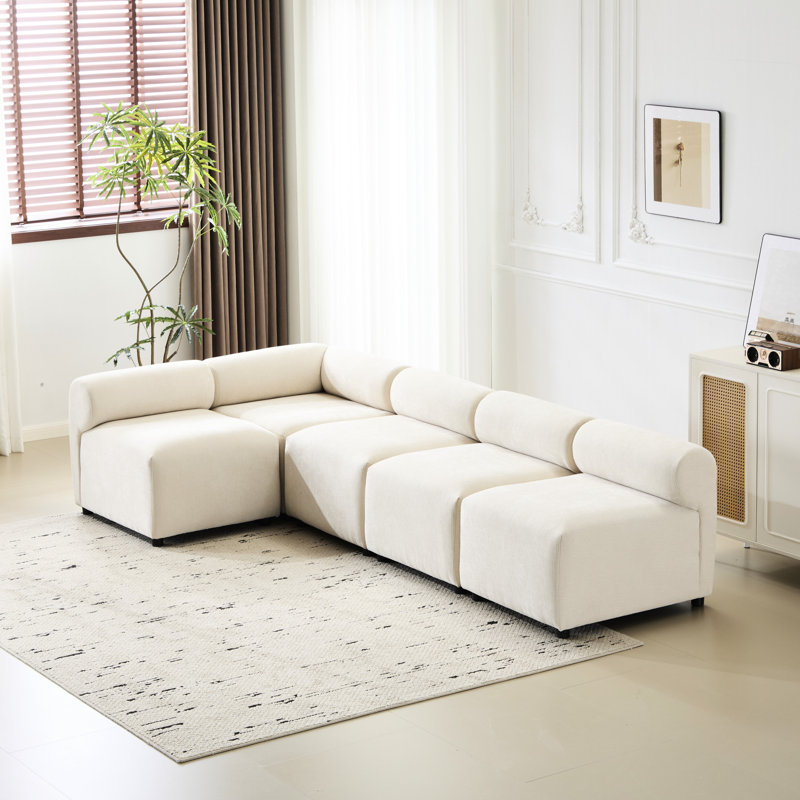Canapé modulaire en forme de 5 L, 109 po Information sur la taille du produit, assise en tissu beige de 4 sièges, structure de cadre surdimensionnée à ressorts à arc sinueux et confortable en mousse haute densité pratique
