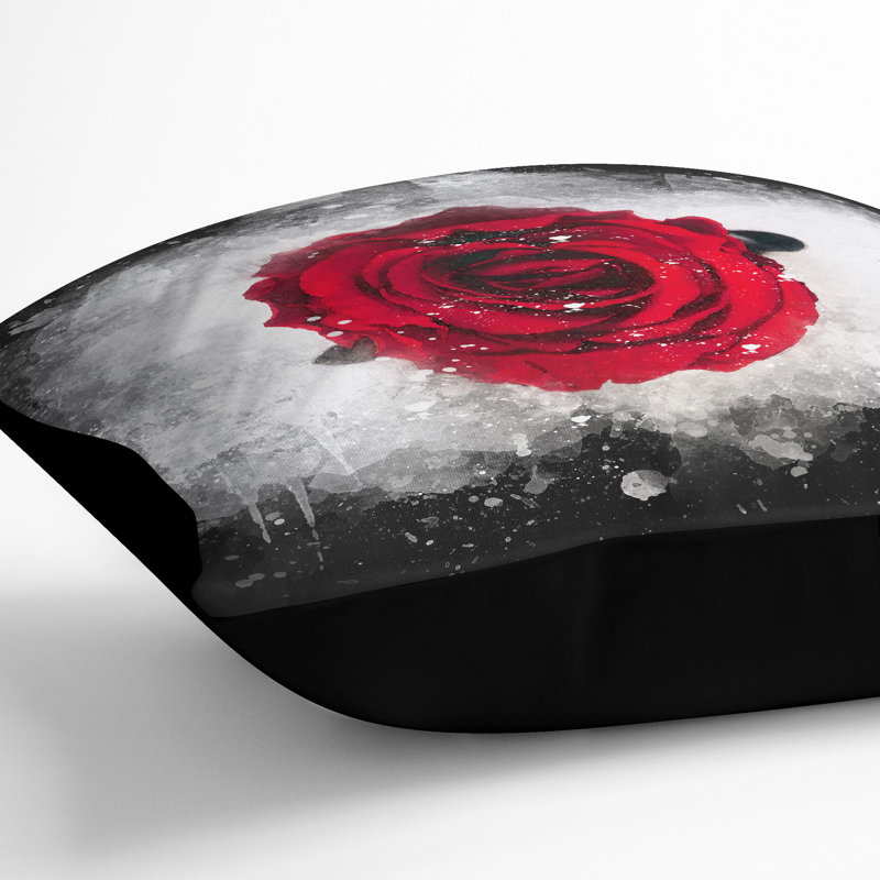 Rose in Bloom Paint Splash Cushion with Filling, Black, 40cm H x 40cm W x 15cm D