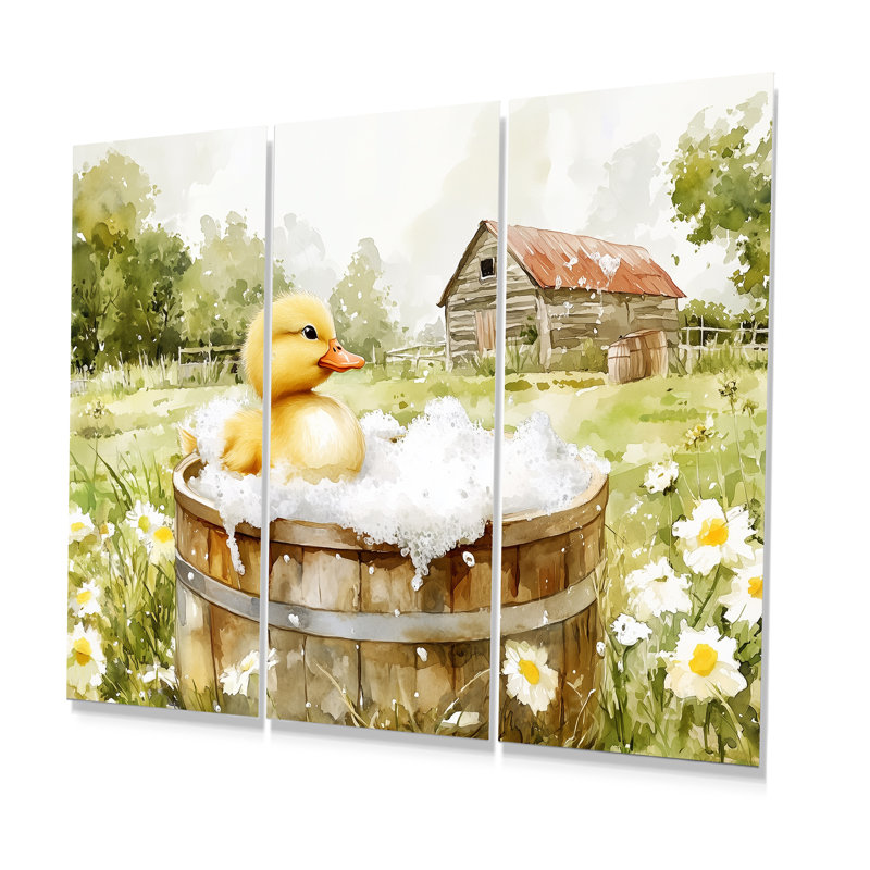 Mignon canard prenant un bain dans un baril de ferme - ensemble de reproductions d'art mural pour salle de bain, Toile tendue
