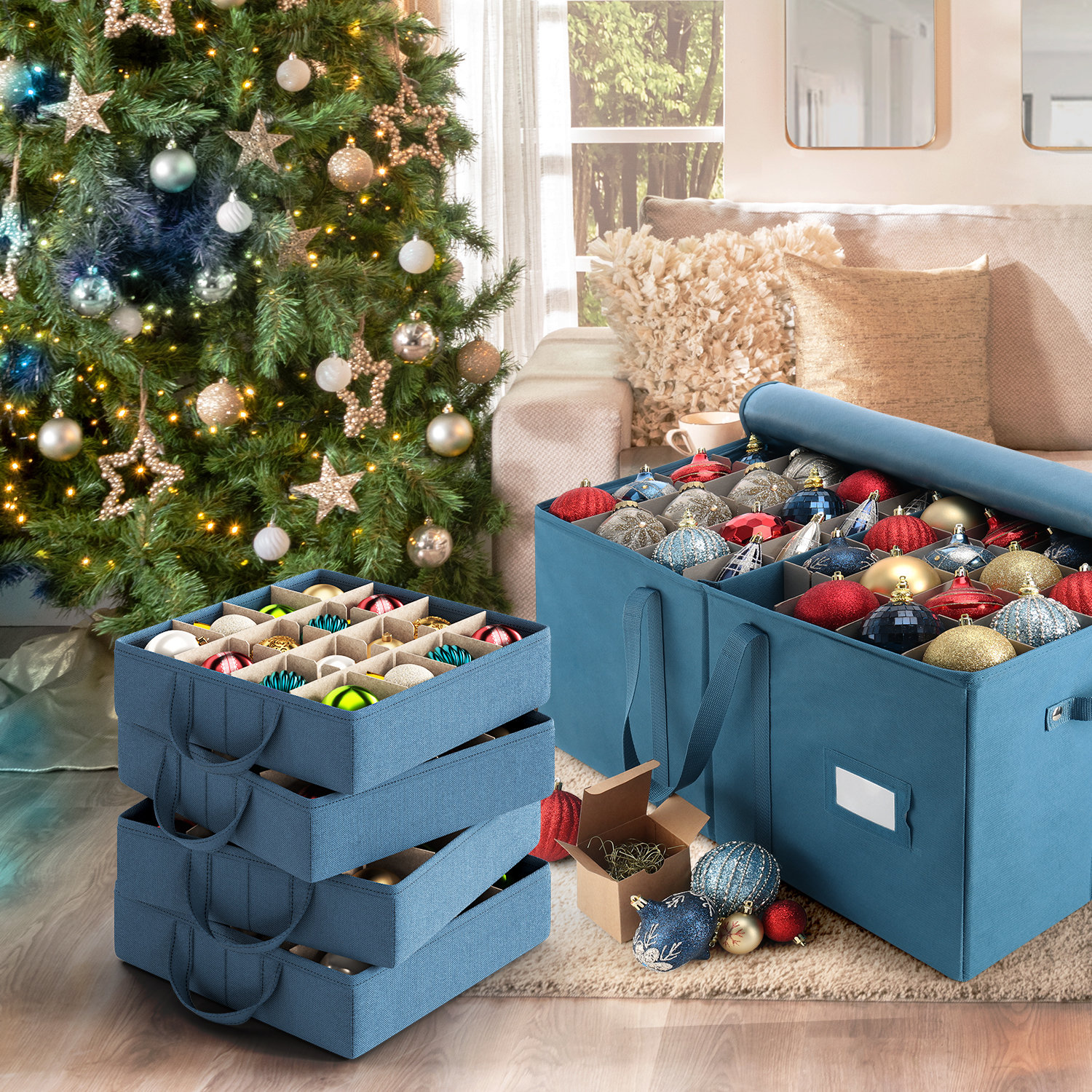 Fabric Ornament Storage Box with Dividers, 13" H x 26" W x 13" D