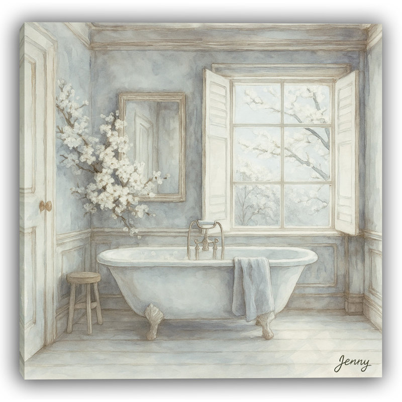 «Spring Blossom Bath View», art mural élégant sur toile tendue, H 20 po x l 20 po