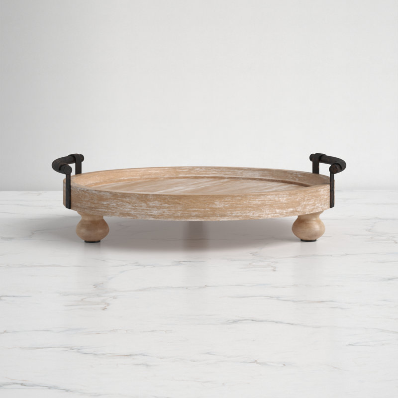 Rustic Finish Round Wooden Footed Tray with Vintage Black Handles, 15-inch