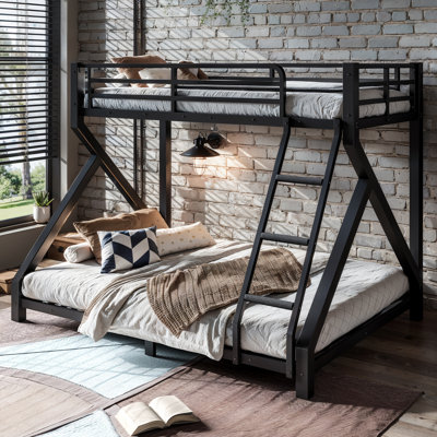 Metal Bunk Bed, Twin Over Full Floor Bunk Bed Frame With Ladders，heavy-duty Bunk Bed For Teens, Adults,kids, Full Upgraded Support Slats，black