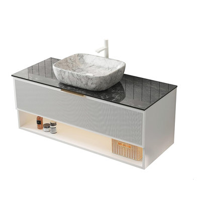 Ensemble de meuble-lavabo avec lavabo en contreplaqué flottant, 2 tiroirs à rayures fines et tablette, capteur de lumière, vasque en céramique à motif marbré et plateau en pierre frittée noire, pré-assemblé, blanc