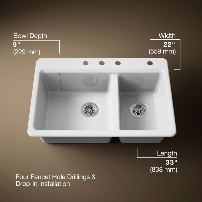 Riverby 33 In. Top-Mount Double-Bowl Kitchen Sink, 4 hole, White, Large/medium bowls