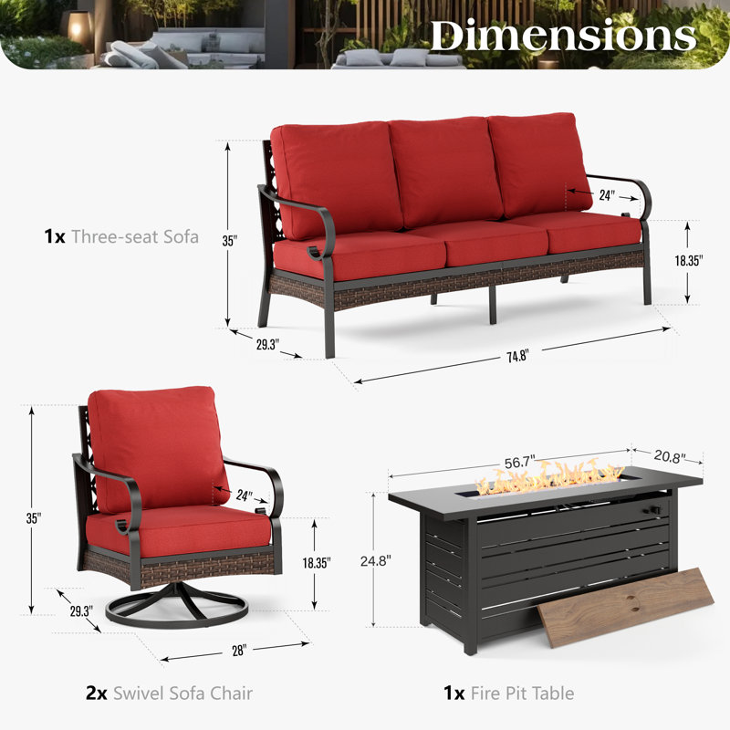 5 Person Outdoor Conversation Set With Swivel Lounge Chairs & Fire Pit Table, Black/Red/Black