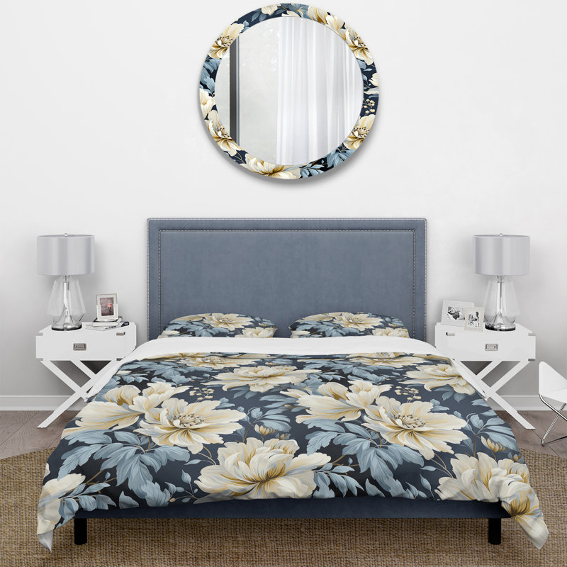 Ensemble de housse de couette en damas beige et bleu, Housse de couette simple + 1 taie décorative stan