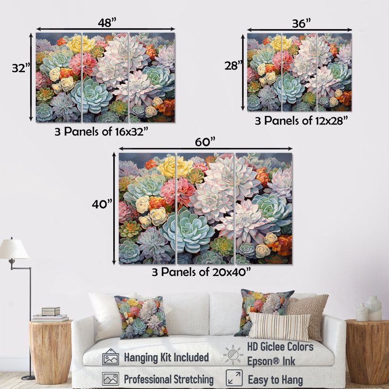 Blue Succulent Dessert Charm - Ensemble de décorations murales succulentes, Toile tendue, H 40 po x l 60 po x P 1 po