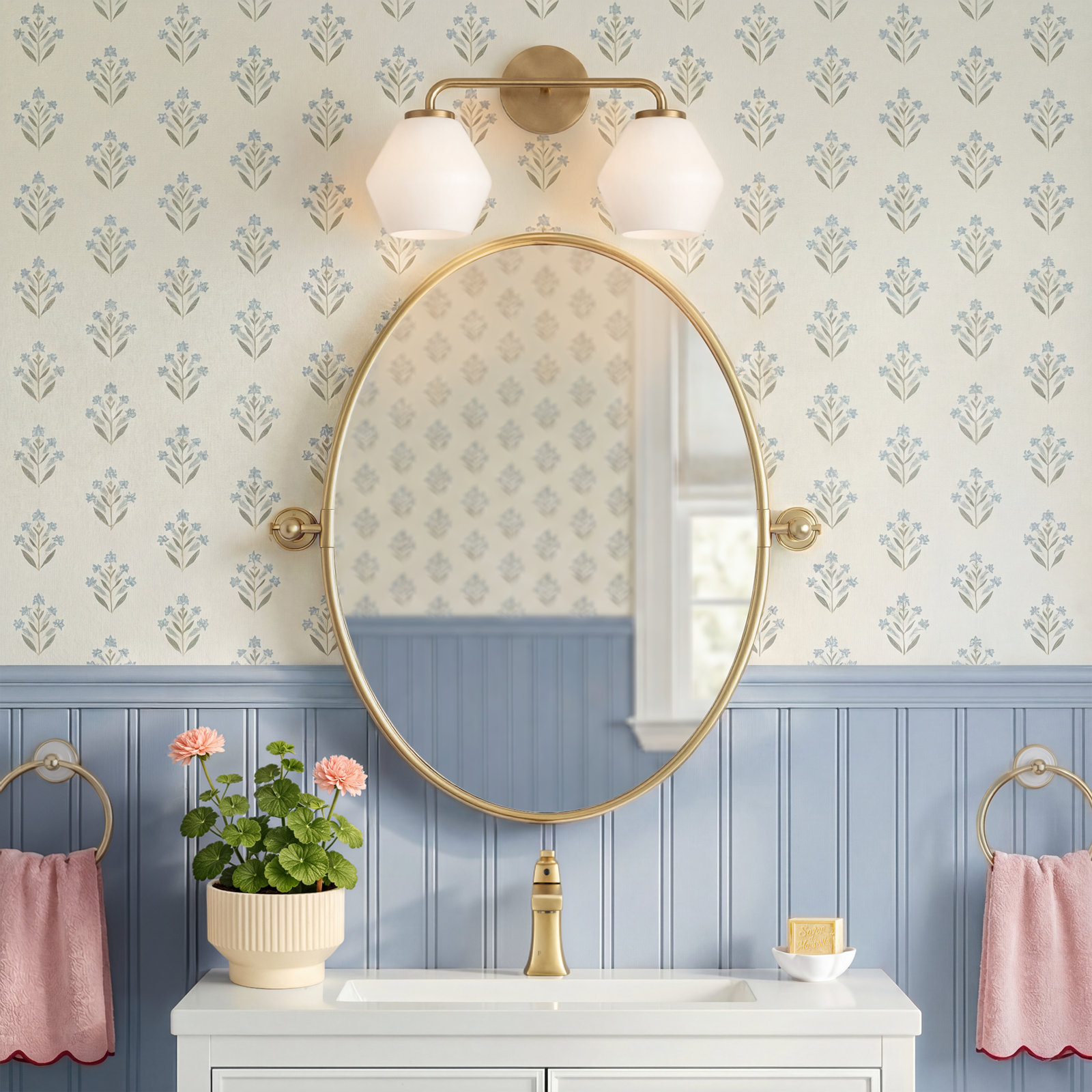 Rooks 2-Light Dimmable Vanity Light, Satin Brass, White