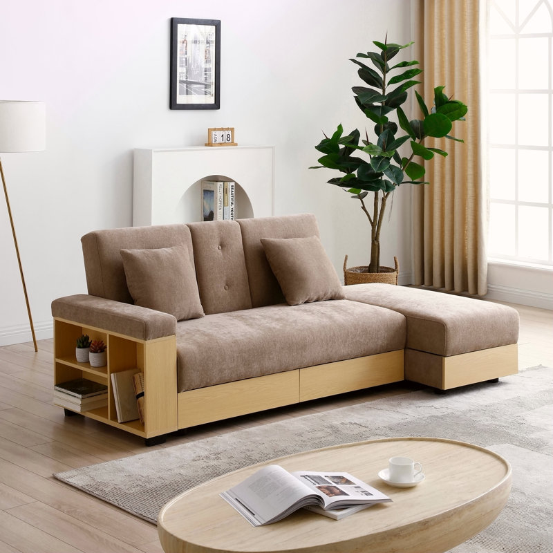 Canapé-lit convertible avec repose-pieds de rangement, table rabattable et accoudoirs réversibles pour des espaces de vie polyvalents