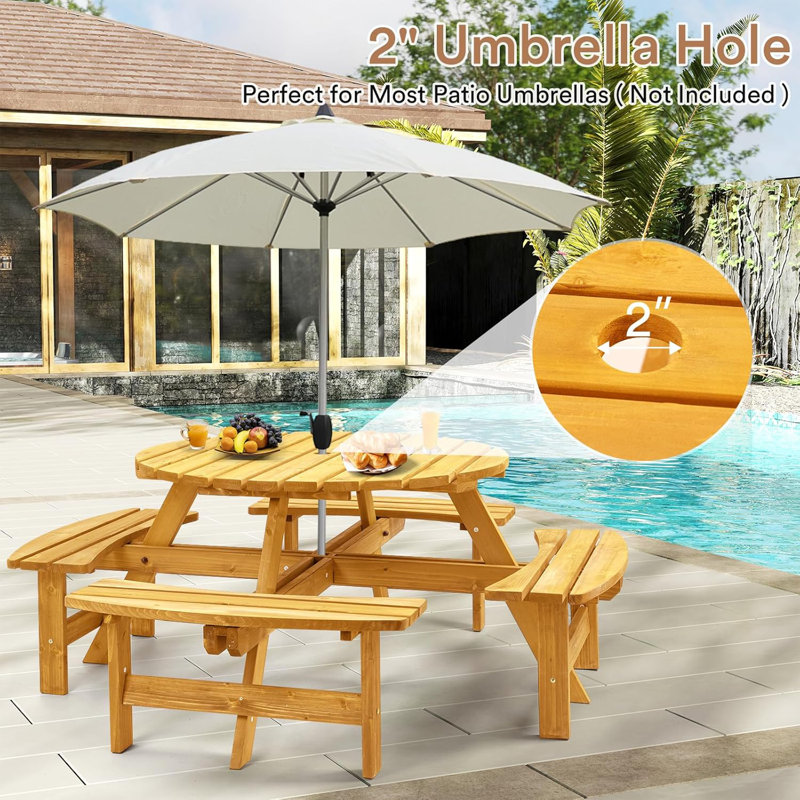 Round Tabletop Wood Picnic Table with Built-in Benches, Natural, 8-Person