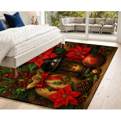 Tapis de Noël lavable à la machine avec envers antidérapant, tapis de motif de lanterne rouge poinsettia Holly Berry